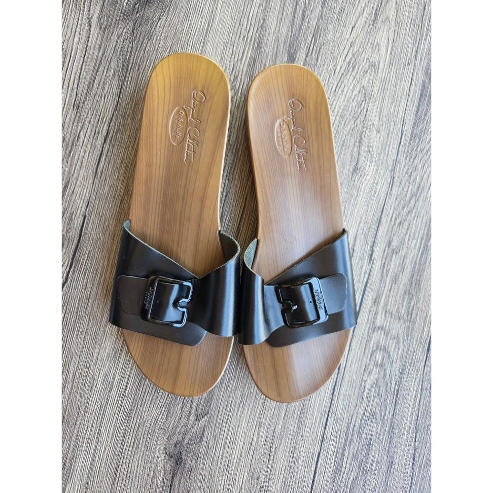 Dr Scholl's Original Collection Exercise Sandals Black Wood Buckle 70s Y2K 9
